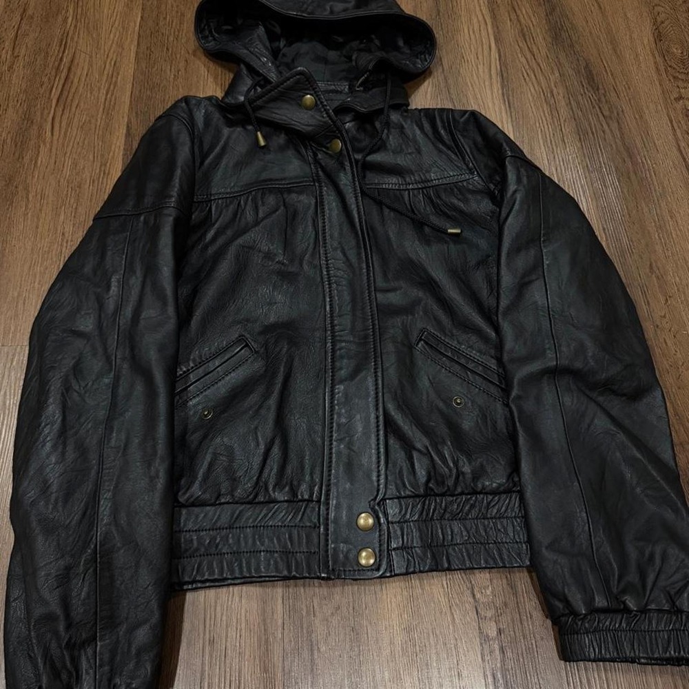 Vintage Black leather jacket with hood for Joseph women size m